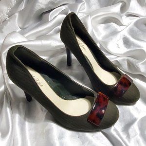 LELA ROSE PAYLESS olive green canvas high heel pumps brown marble accents SZ 5